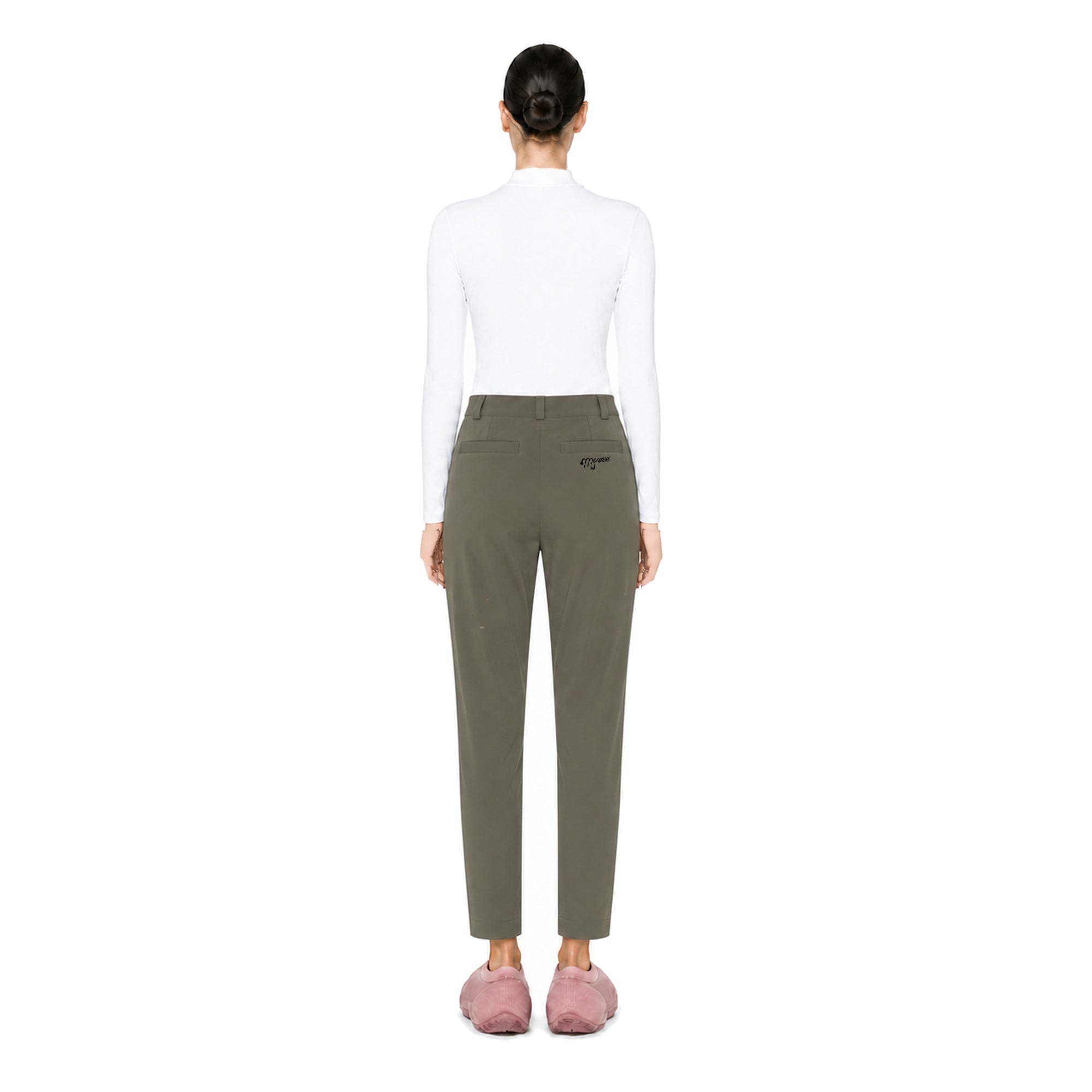monzee 撥水 2 WAY ストレッチパンツ - グレー AIモデル着用 背面｜身長170cm・着用サイズS