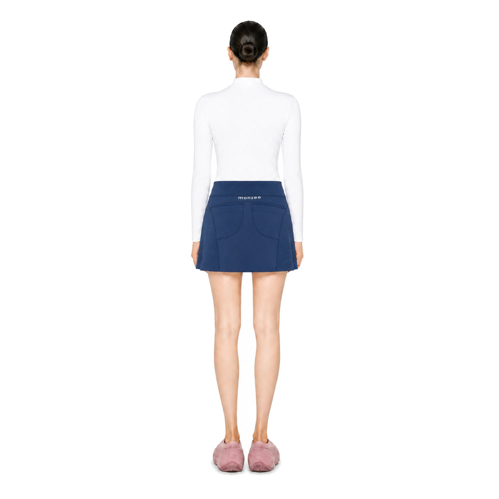monzee Dotty スカート ネイビー AIモデル着用 背面｜身長170cm・着用サイズM
