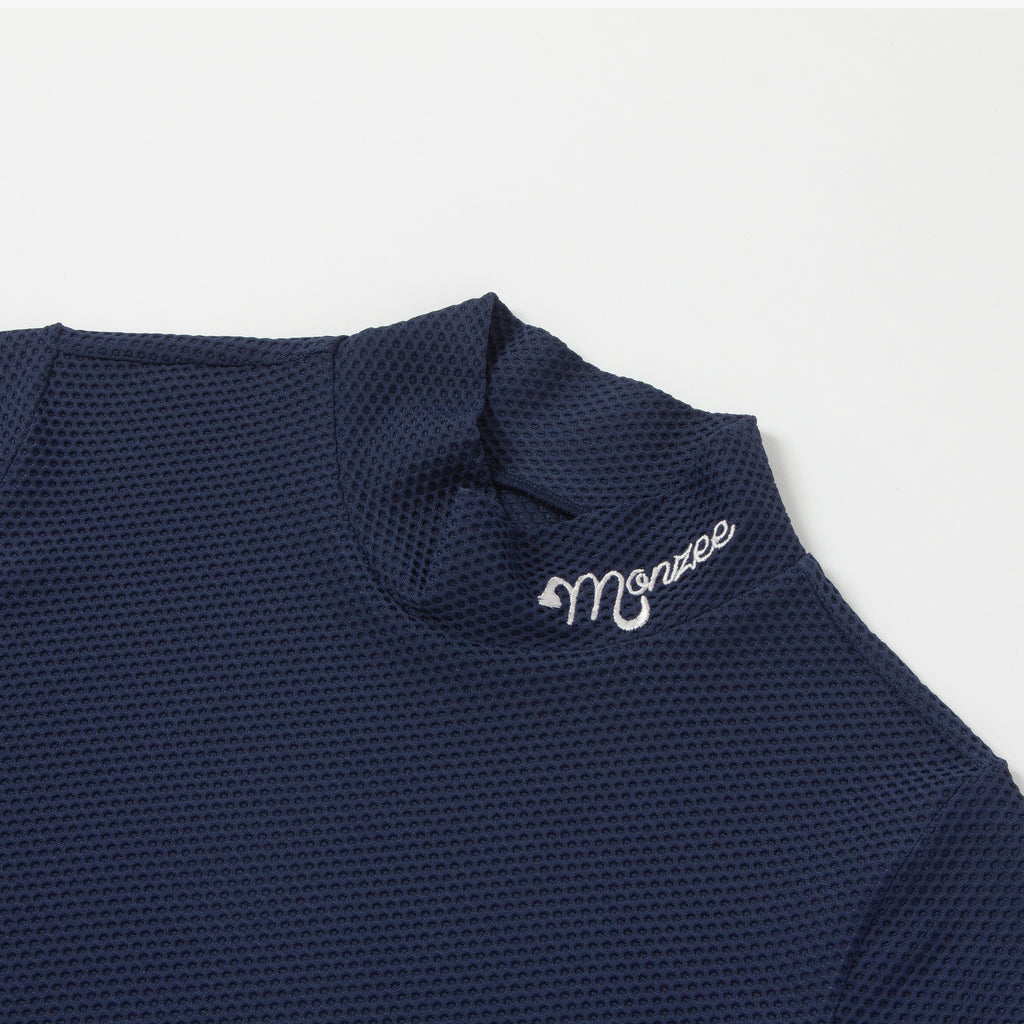 半袖ワッフルモックネック - ネイビー