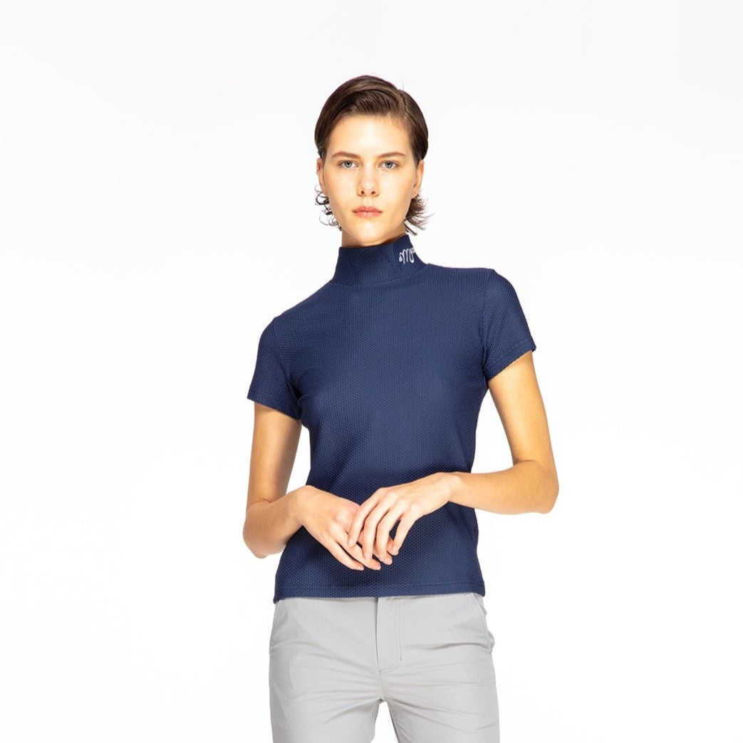 半袖ワッフルモックネック - ネイビー